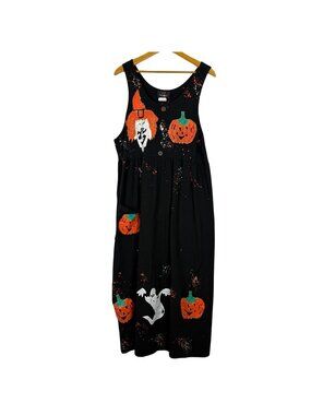 Vtg 90s L.A. Artwear Halloween Jumper Dress Hand Painted Witch Pumpkin Ghost OS
